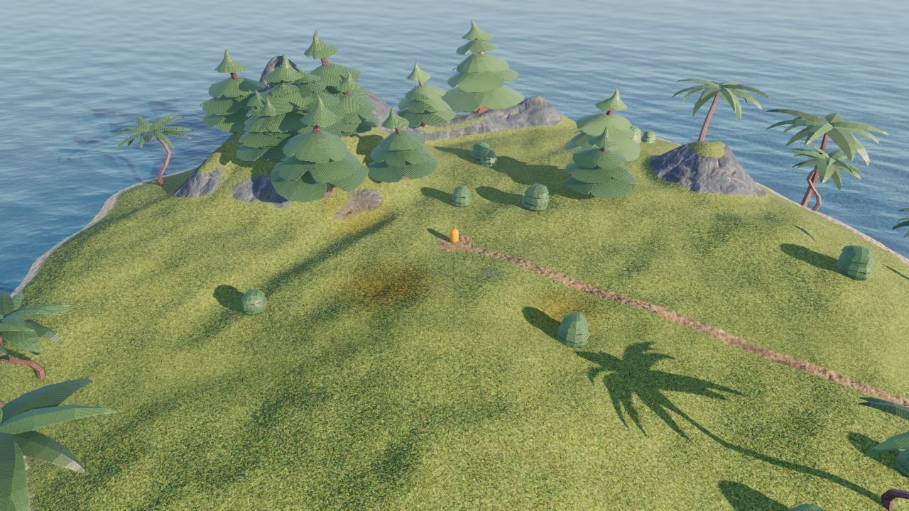 An island made with a 3D terrain, grass, trees and water